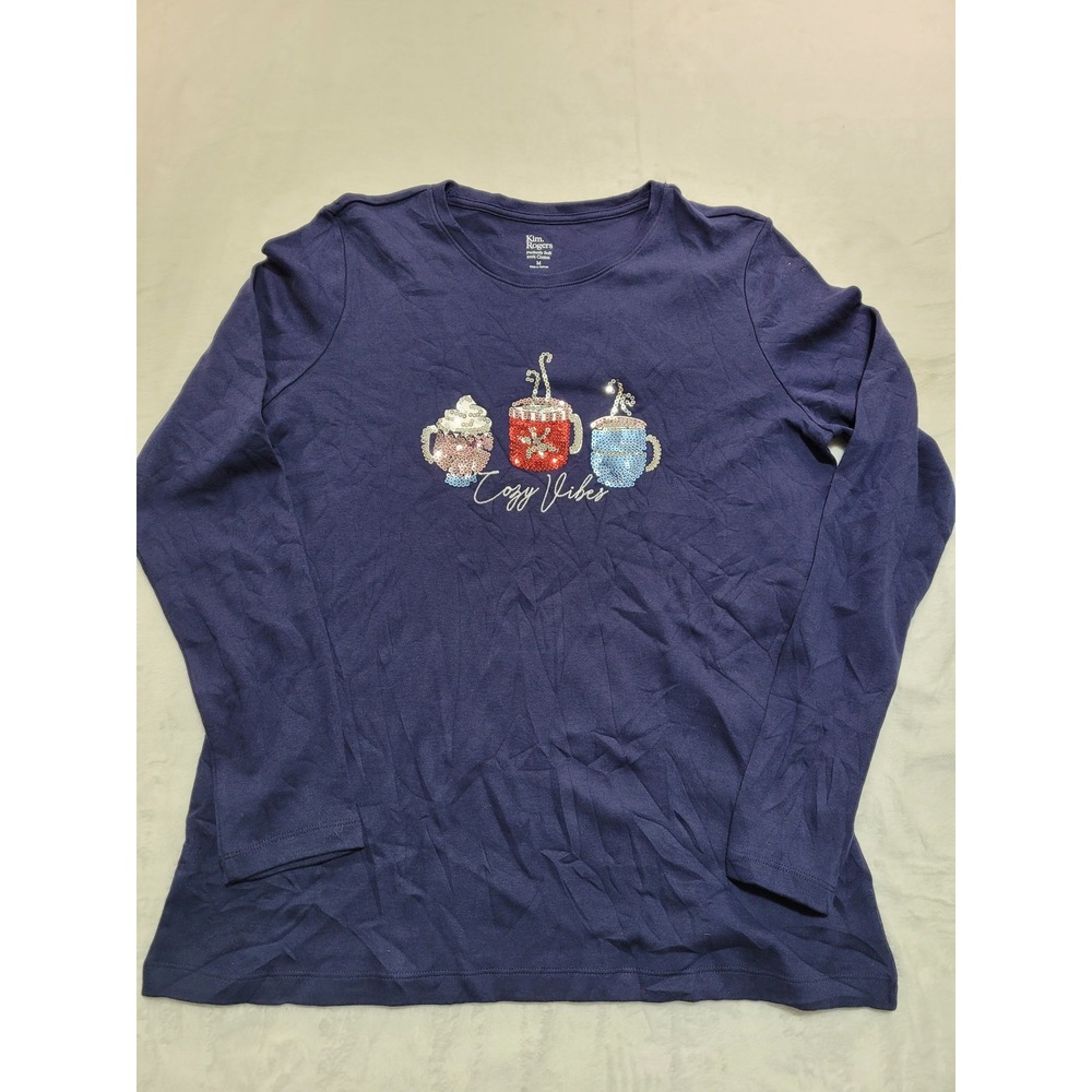 NWT Kim Rogers Long Sleeve Tee‎ Womens M Navy Cozy Vibes Sequin Mug Graphic